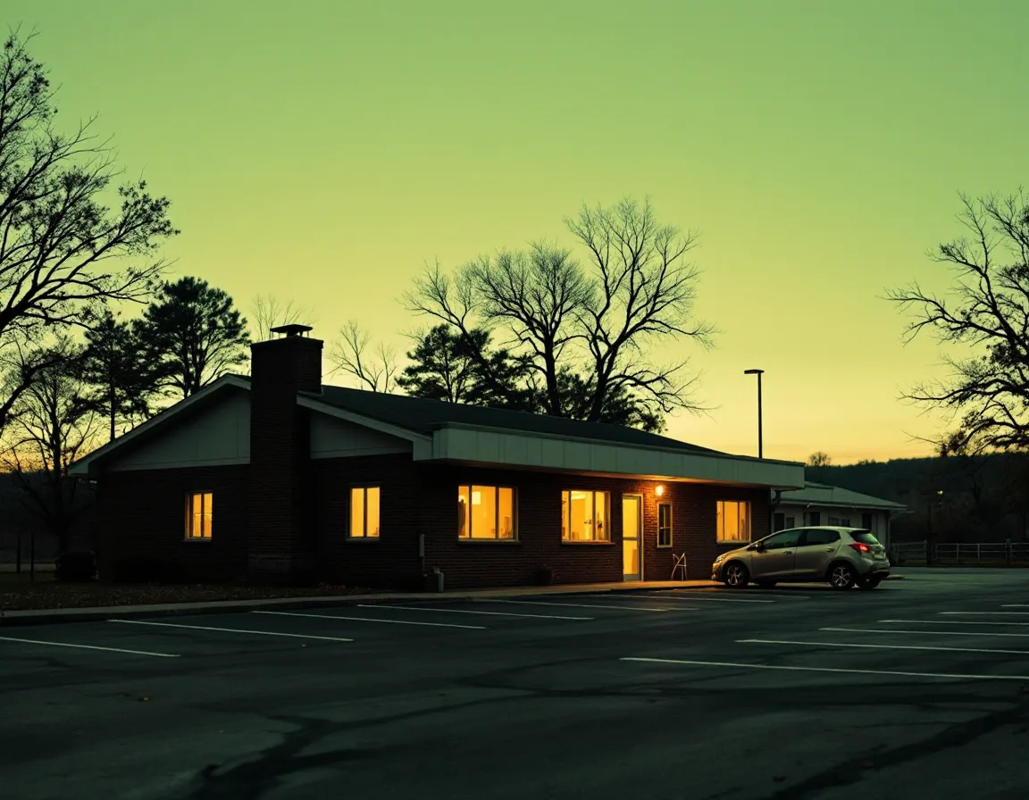 A small medical office at dusk with warm light in the reception windows and a single car parked in the last row of the lot